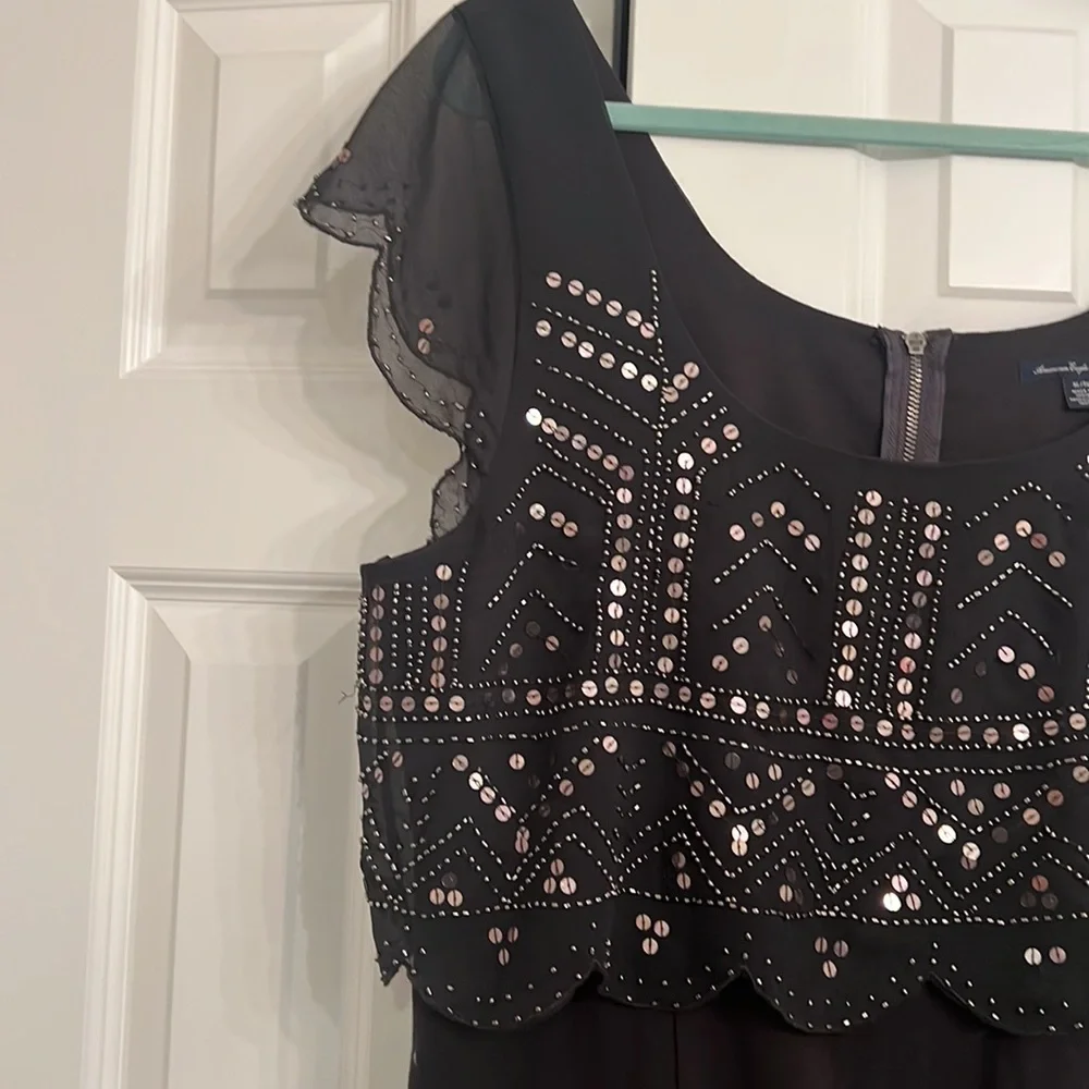 Beaded and Sequined Gray Mini Holiday Party Dress - Picture 3 of 4